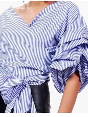 Zara Blue Striped Puff Sleeve Multi Style top